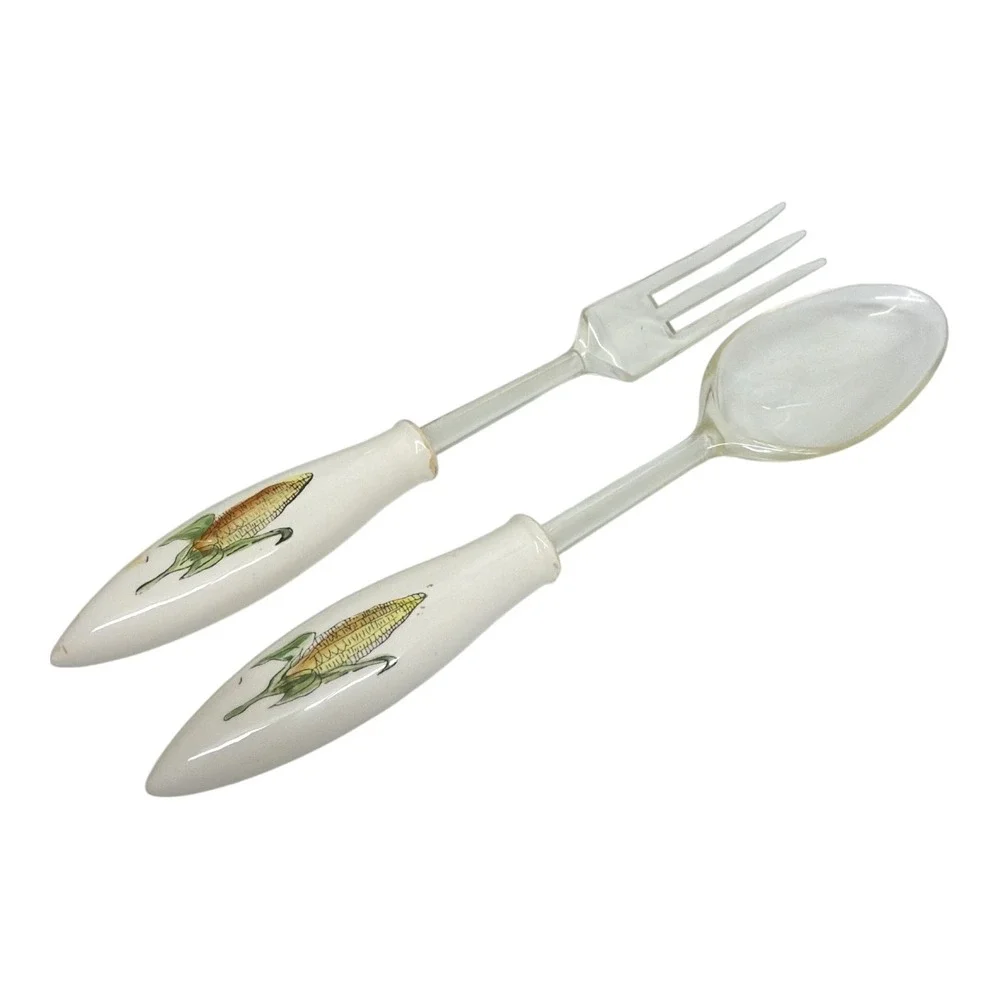Hostess Server Set Ear of Corn Plastic Fork Spoon Wooden Salt Pepper Never Used